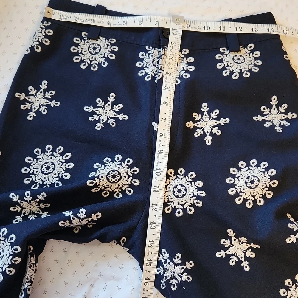 Zara Navy Linen Blend Contrast Embroidered Wide Leg Culottes M